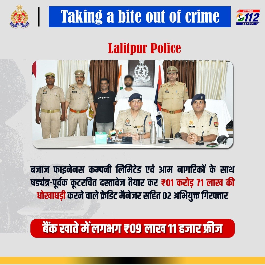 Zero Tolerance Against Fraudsters -

कूटरचित दस्तावेजों जैसे - रजिस्ट्री प्रपत्र, आधार कार्ड व पैन कार्ड के आधार पर कराए गए लोन की धनराशि फर्जी बैंक खातों में स्थानांतरित कर बजाज कम्पनी को लगभग ₹01 करोड़ 71 लाख/- की क्षति पहुंचाने वाले बजाज फाईनेन्स लिमिटेड के क्रेडिट मैनेजर