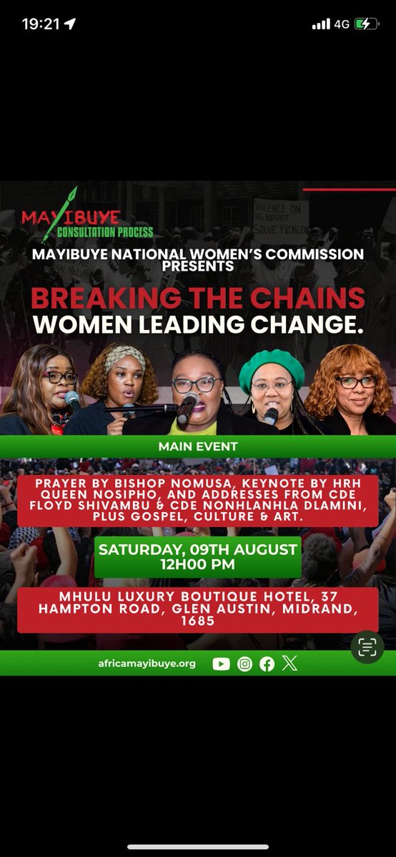 Women of South Africa, please attend our Mayibuye Woman’s Day event in Midrand At Mhulu Luxury Boutique Hotel at 12pm tomorrow.