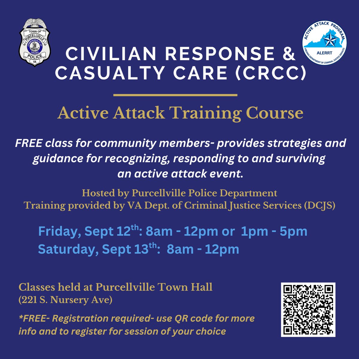 REMINDER- Reserve your spot in this potentially life-saving course! Ages 16 yrs &amp; older. The Civilian Response &amp; Casualty Care (CRCC) course is a 4hr class providing strategies, guidance &amp; a plan for recognizing, responding to &amp; surviving an active attack event. 9/12 or 9/13.