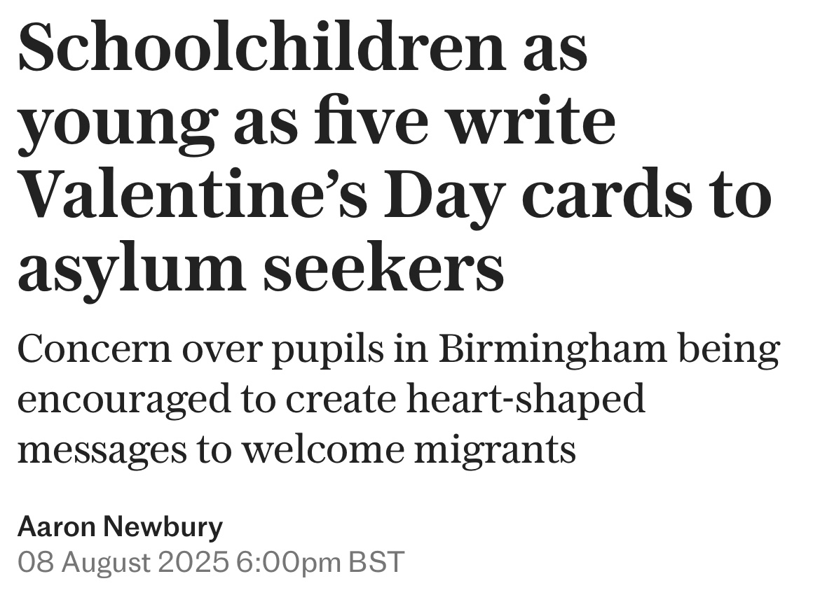 🚨 NEW: Labour-run Birmingham schools get 5-year-olds writing Valentine’s cards to asylum seekers

Classrooms should be for learning, not immigration propaganda.
While kids make heart-shaped “welcome” messages, council tax soars and rubbish piles up in the streets.

Priorities?