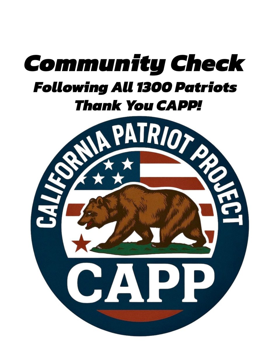 California Patriot Project (@capatriotprojct) on Twitter photo πΊπ²FOLLOWING ALL CAPP PATRIOTS!πΊπ²
Thank you All for being a part of the Biggest California Patriot Movement to hit X EVER! <a href="/CAPatriotProjct/">California Patriot Project</a> <a href="/UnionPatriot369/">Legend AKA Union Patriot</a> have already Followed all 1300, <a href="/CaliQueen1776/">Cali Queen π</a> and <a href="/Wethepeople_ca/">We The People CA</a> are in a 3 day jail but will Follow the rest of you Soon! πΊπ²FOLLOWING ALL CAPP PATRIOTS!πΊπ²
Thank you All for being a part of the Biggest California Patriot Movement to hit X EVER! <a href="/CAPatriotProjct/">California Patriot Project</a> <a href="/UnionPatriot369/">Legend AKA Union Patriot</a> have already Followed all 1300, <a href="/CaliQueen1776/">Cali Queen π</a> and <a href="/Wethepeople_ca/">We The People CA</a> are in a 3 day jail but will Follow the rest of you Soon!
