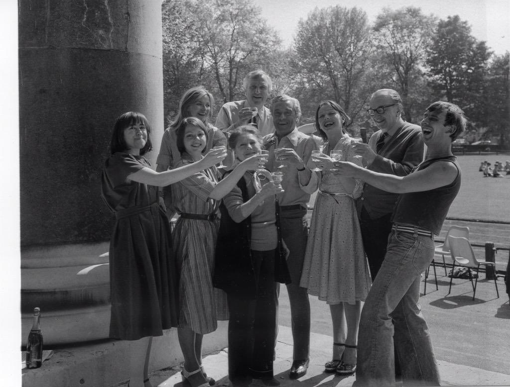#OnThisDay 50 years ago in 1975,the final recording of Upstairs, Downstairs took place at the LWT studios. A couple of days earlier,some of the cast celebrated after the last day of rehearsals at the Duke of Yorks barracks,just off the King’s Road in London. #UpstairsDownstairs