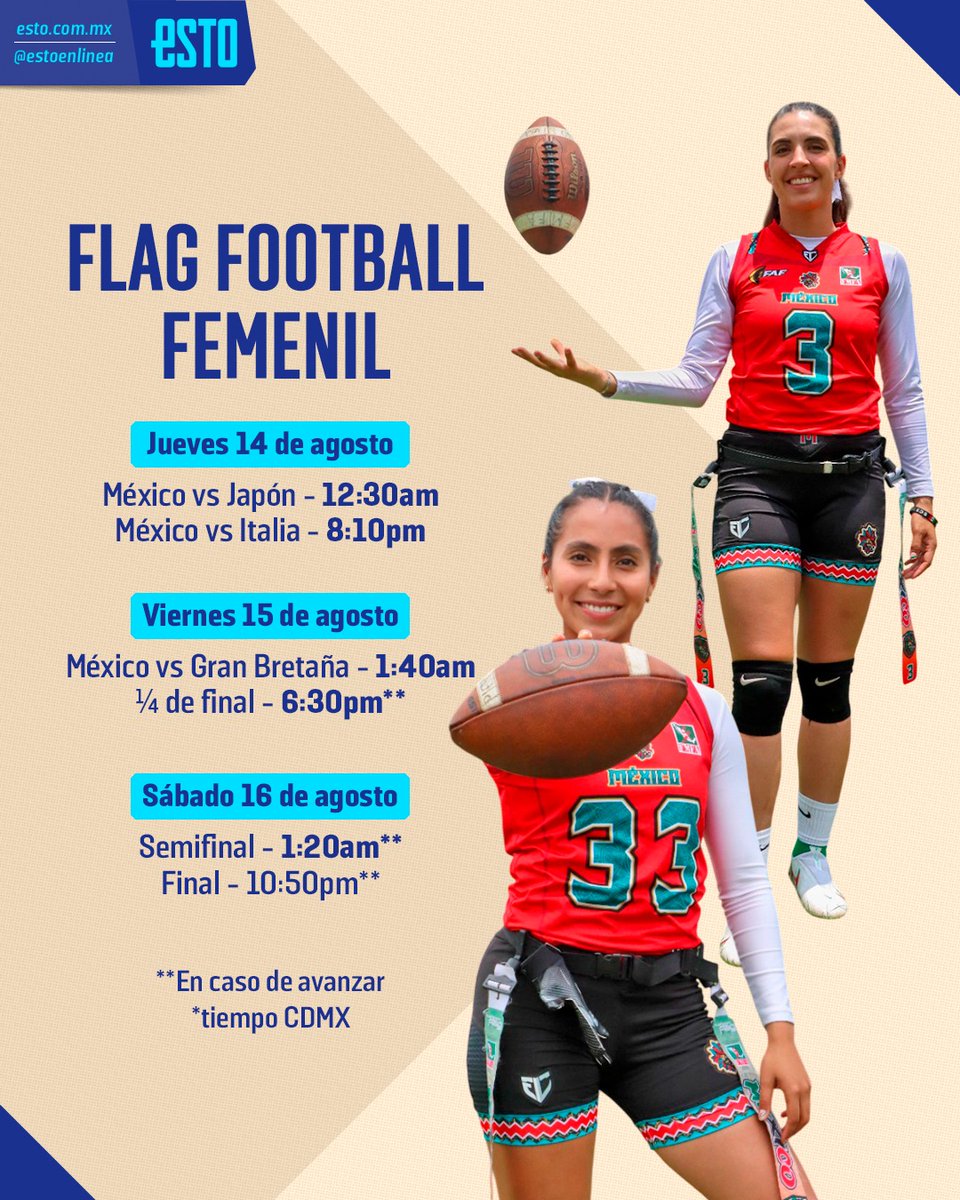 Apunta bien las fechas. ✍️

Porque la Selección Mexicana Femenil de Flag Football está lista para volver a buscar la medalla de oro en los World Games 2025. De este barco nunca nos bajaremos. 🏈🇲🇽

¡COMIENZA EL CAMINO! 🤩👏