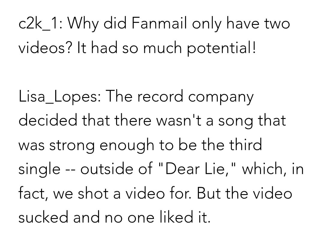 the9isright's tweet photo. Lisa "Left Eye" Lopes talking about in 2001 why there's only 3 music video for TLC's 'FanMail' album. ➖️👁❤️ https://t.co/p1rVF2t8Aj