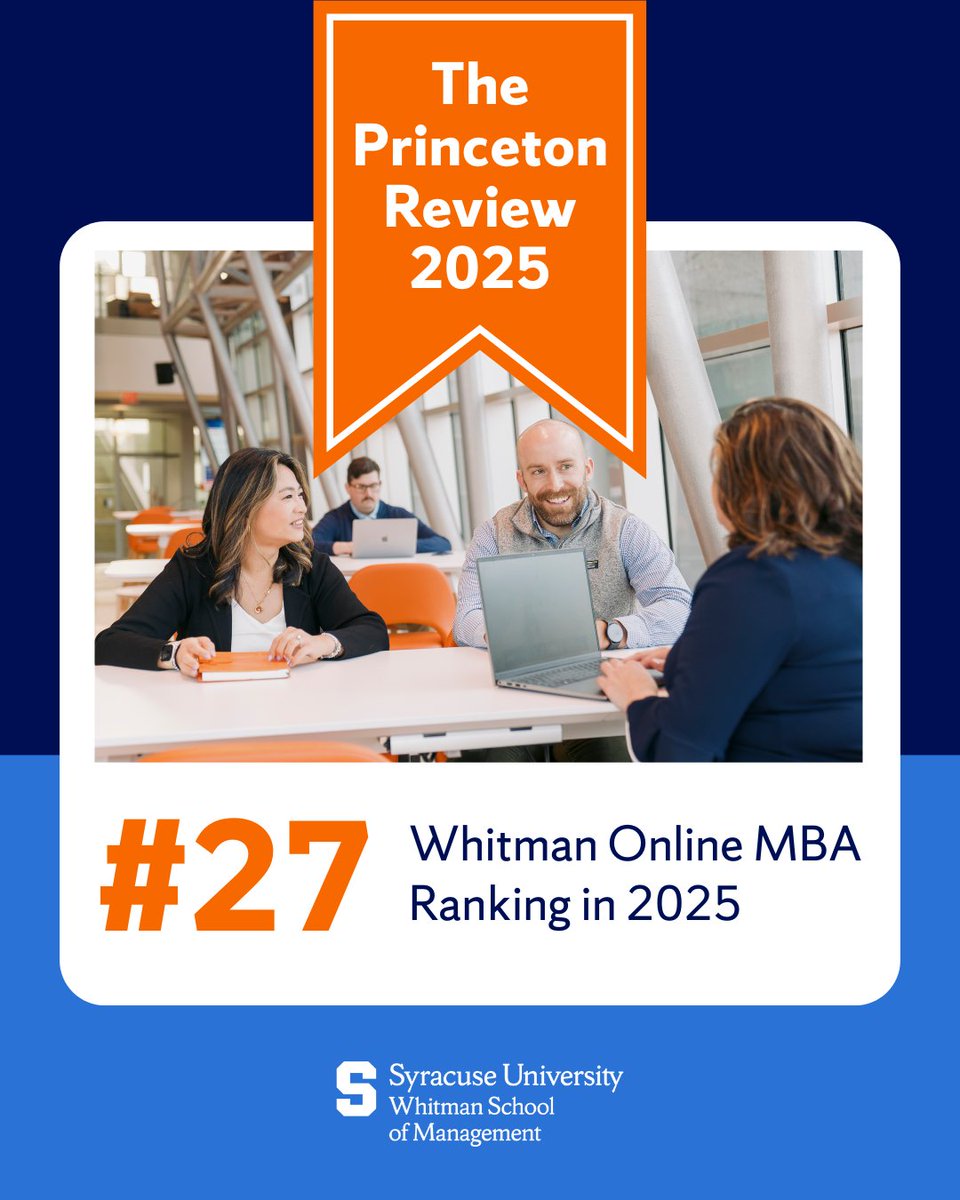Whitman’s Online MBA ranks No. 27 in the nation, according to The Princeton Review’s 2025 rankings. 📈
Students praised the flexibility, professor quality and immersive experience.
📰 Full story: princetonreview.com/business-schoo…
#OnlineMBA #WhitmanSchool #SyracuseU #BusinessEducation