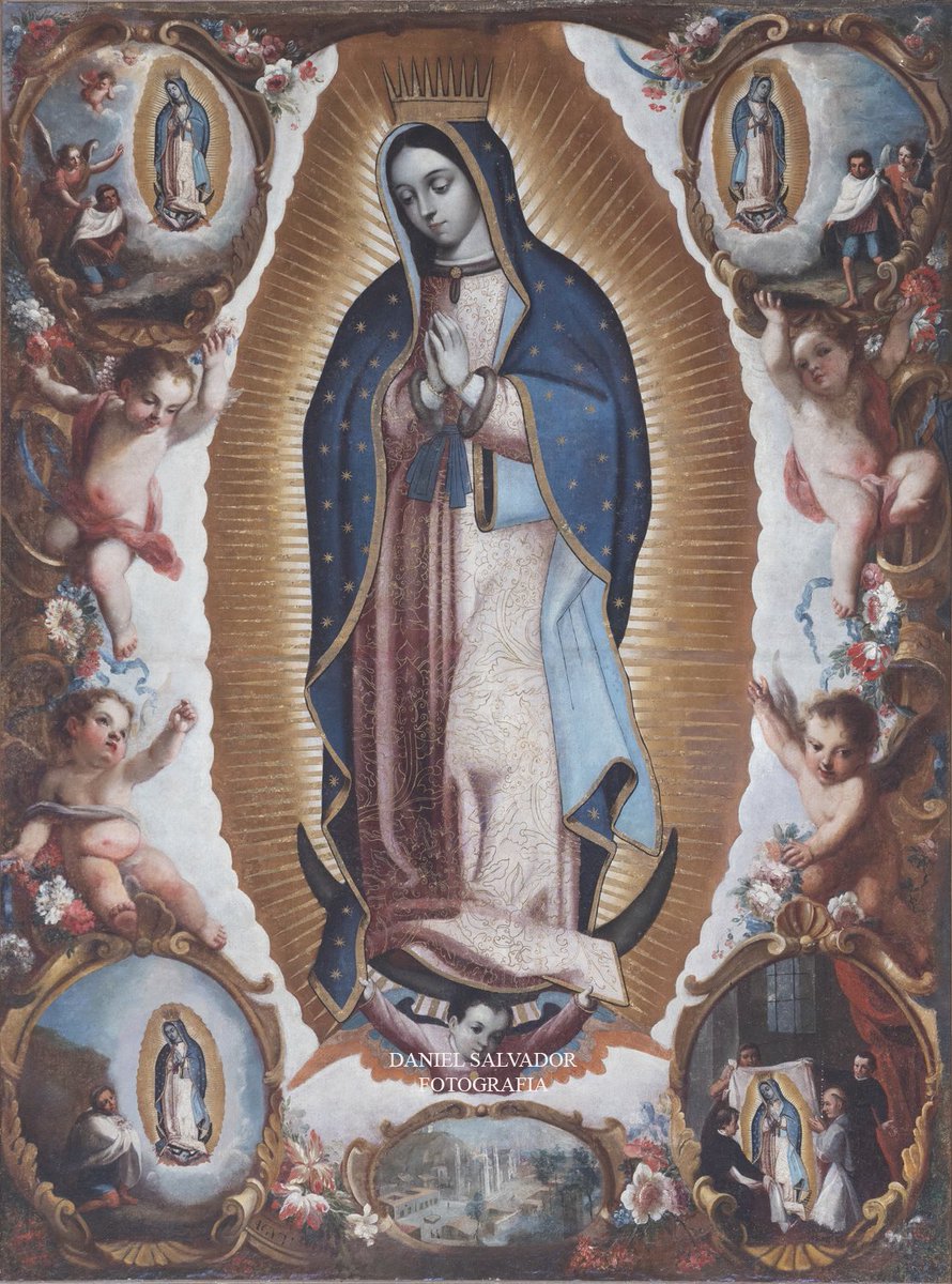 Virgen de Guadalupe con las cuatro apariciones. 1740. Atribuido a Jose de Ibarra.
Óleo sobre lienzo 200×155 cm.
El Puerto de Santa Maria (Cádiz).
Basílica de Nuestra Señora de los Milagros. #guadalupe