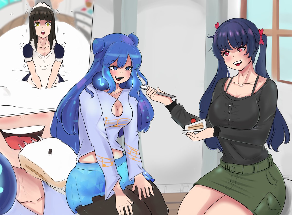 Mitsuki sharing a piece of cake with her dear friend Zaylee, the girls unaware of the tiny extra ingredient within the cake, Avril trapped within is too shocked for words or to even move.

Mitsuki &amp; Avril belong to me  
Zaylee belongs to <a href="/halothecool/">not halo</a> 

Happy Vore Day everyone 8/8