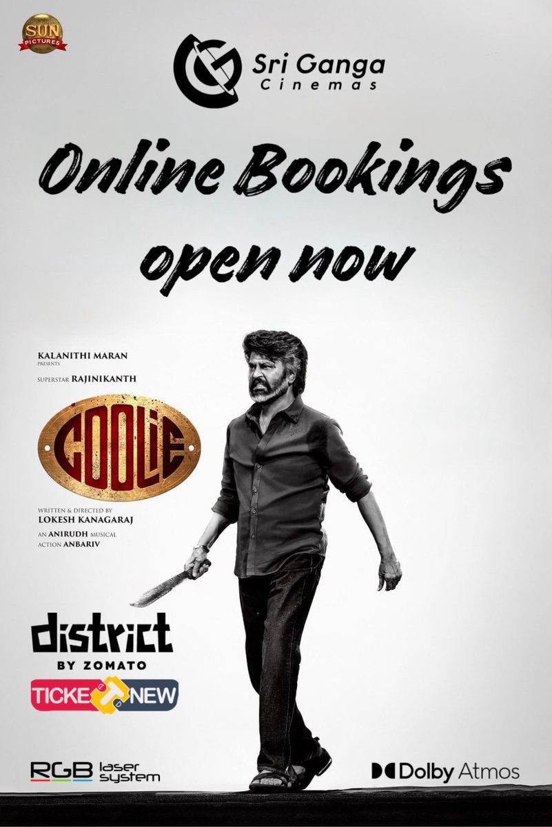 #CoolieBookingsUpdate #CoolieAtsriganga online bookings open now <a href="/Srigangacinemas/">Sri Ganga Cinemas Barco RGB LASER DOLBY ATMOS</a>