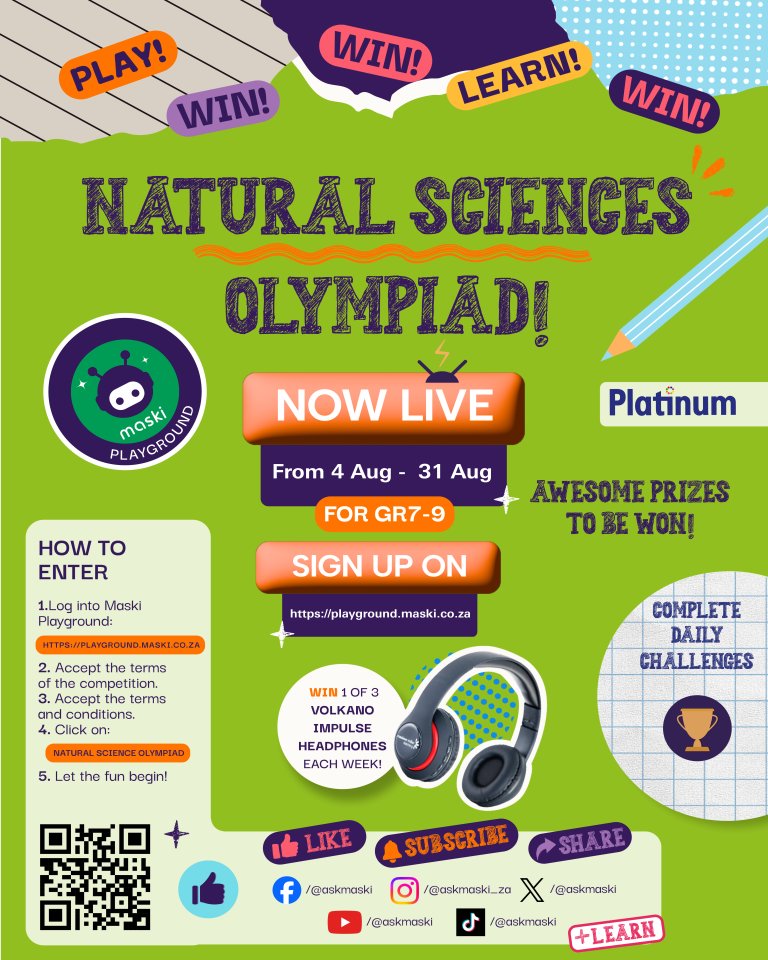 AskMaski's tweet photo. 🌍🔬 Get ready to science your way to the top! Join us for the Natural Science Olympiad and unleash your inner scientist! 🧪✨ Whether you're a budding biologist or a chemistry whiz, it's time to put your knowledge to the test 👀

Are you up for the challenge? 👉🏽https://t.co/dnPulQw0q0 

#NaturalScienceOlympiad #ScienceIsFun #MaskiLearning