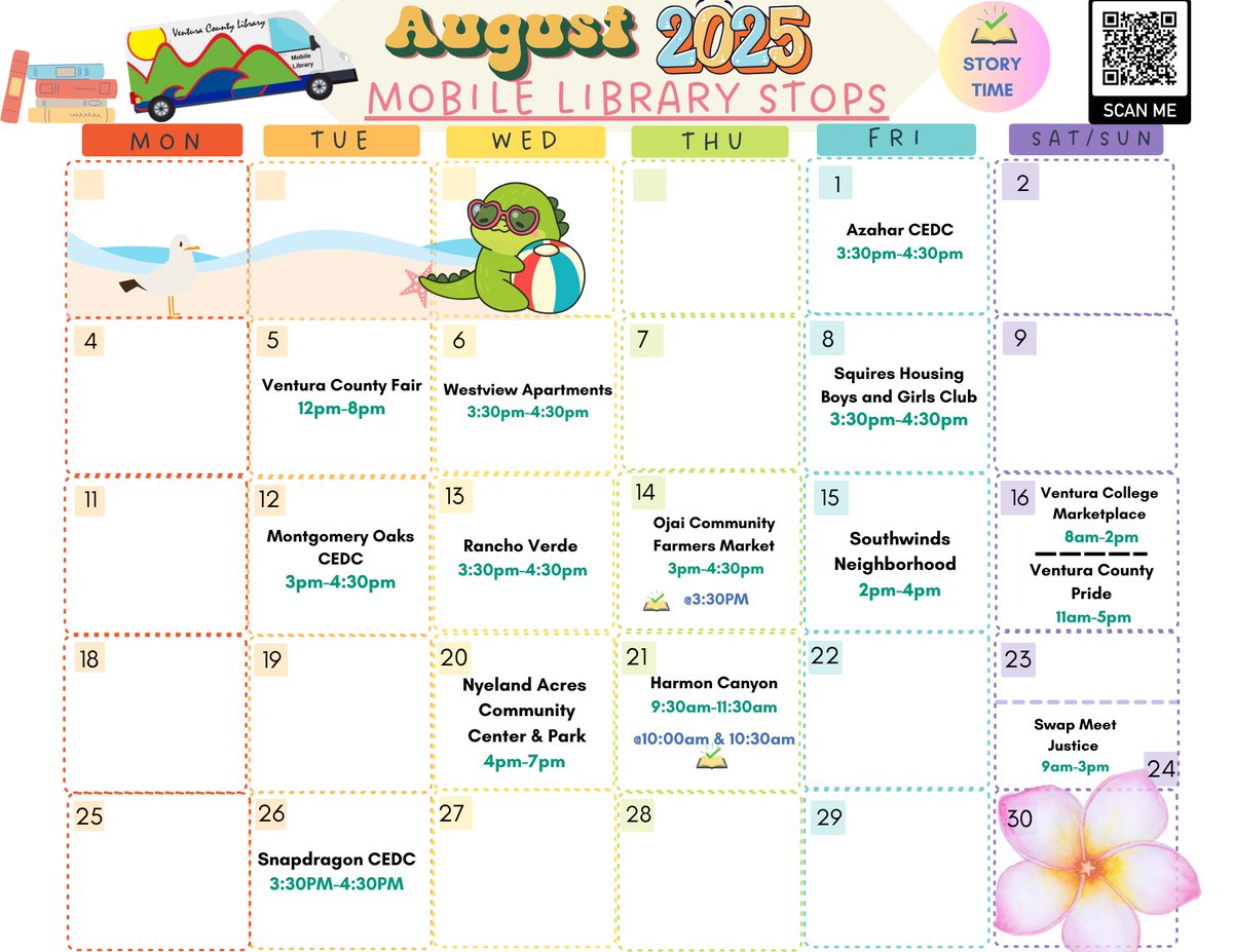 Hello everyone and welcome to August! The Mobile Library has been busy already, and will keep being busy this month! We hope you can come and visit us at one of our stops! The schedule is always changing, so please keep up to date on our website. 🚐📚