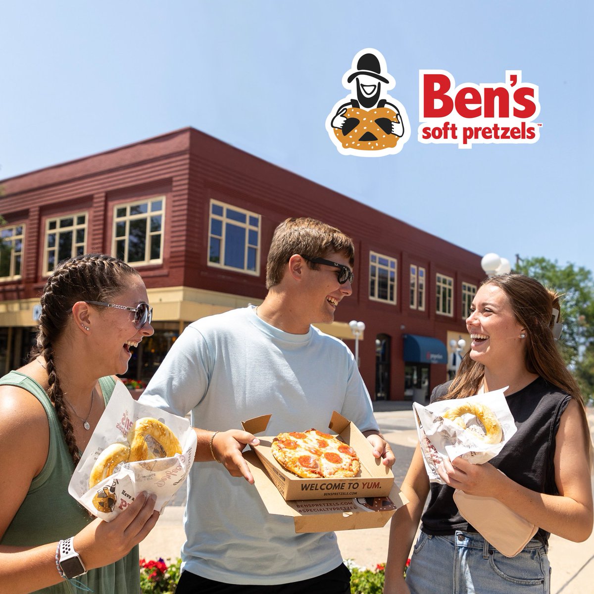 Outside fun with friends and Ben's! Visit your local Ben’s Soft Pretzels this weekend to enjoy hot and fresh pretzel treats! ☀️🥨 #haveapretzelday #worldpretzeldomination