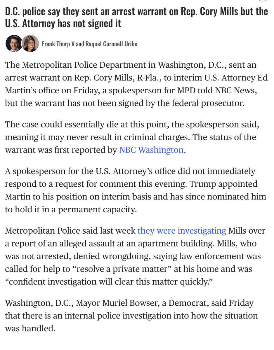 Note that RATHER than firing Ed Martin for letting Cory Mills go on to allegedly abuse other women, <a href="/PamBondi/">Pam Bondi</a> is going to break the rule Aileen Cannon invented to make Trump's stolen document case go away. 

Why is Bondi encouraging the abuse of women? 

nbcnews.com/politics/donal…