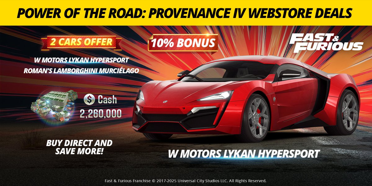 ⏳ Limited-Time Offer! Grab 2 epic Fast &amp; Furious cars in-game – the W Motors Lykan HyperSport and Roman's Lamborghini Murciélago – plus 2,260,000 Cash in-game with a 10% bonus! 💥💰 

Don’t miss out - tap now to claim the deal ➡️ zynga.social/csr2web

#CSR2 #CSRRacing