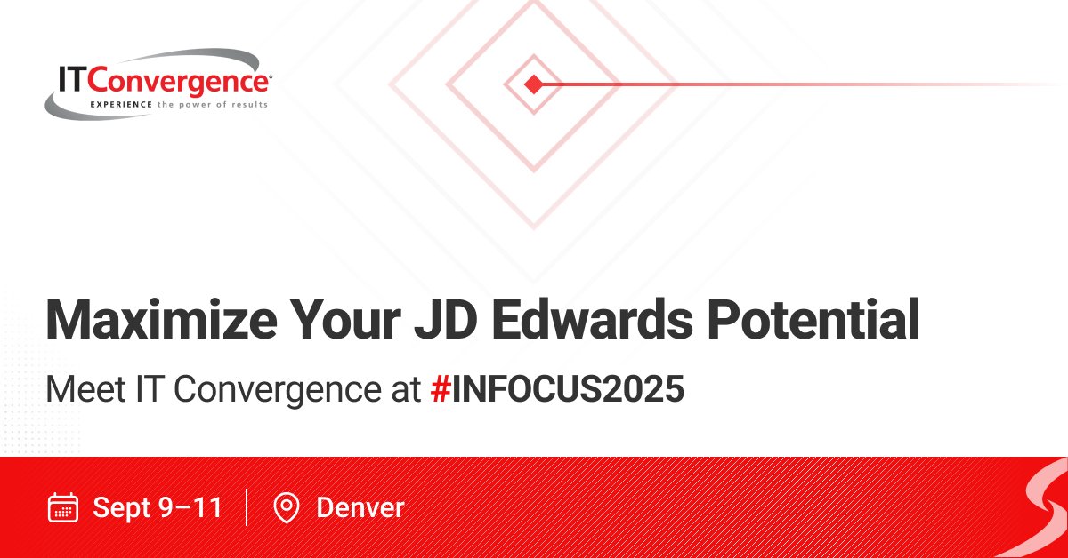 At #INFOCUS2025, IT Convergence experts will show how leading enterprises are:
- Using Orchestrator to eliminate manual work
- Modernizing CNC with automation + predictive monitoring
- Maximizing #JDE on #cloud, hybrid, or on‑prem strategies

hubs.ly/Q03BVG2q0