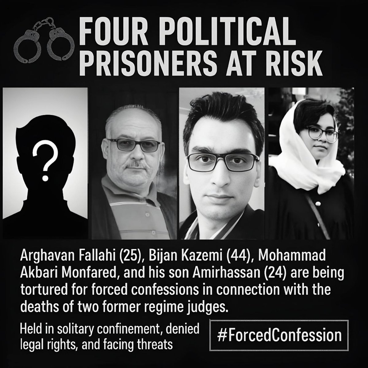 Zomorod (@fzomorodif35743) on Twitter photo Four political prisoners in Iran are at risk of receiving severe sentences. They are being tortured and denied access to lawyers, with interrogators attempting to link them to the murder of two notorious judges.
#اعتراف_تحمیلی
#ForcedConfession
<a href="/AmnestyIran/">Amnesty Iran</a> <a href="/drmaisato/">Mai Sato (@drmaisato.bsky.social)</a> Four political prisoners in Iran are at risk of receiving severe sentences. They are being tortured and denied access to lawyers, with interrogators attempting to link them to the murder of two notorious judges.
#اعتراف_تحمیلی
#ForcedConfession
<a href="/AmnestyIran/">Amnesty Iran</a> <a href="/drmaisato/">Mai Sato (@drmaisato.bsky.social)</a>