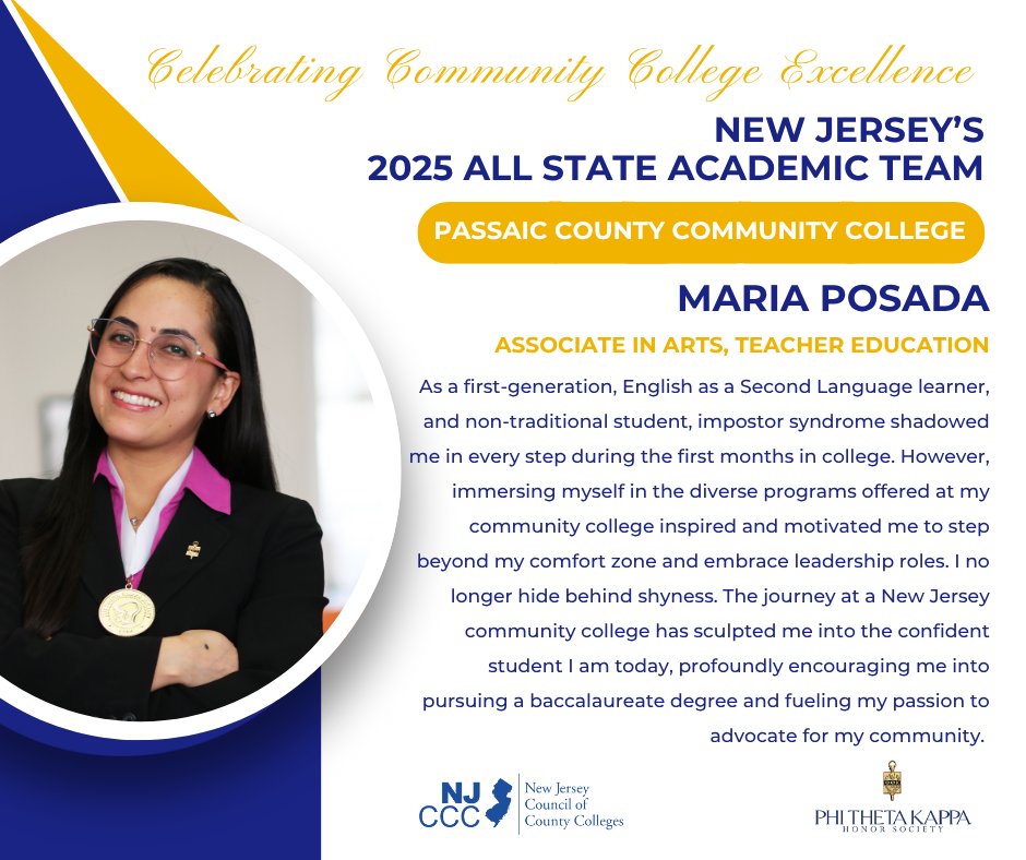 NJ's Community Colleges (@njcommcolleges) on Twitter photo From classroom excellence to community service, Maria Posada of @pcccnj is making a difference. 
We’re proud to honor you as part of the 2025 New Jersey All-State Academic Team! 
#NJAllStateAcademicTeam #IamPTK @phithetakappa From classroom excellence to community service, Maria Posada of @pcccnj is making a difference. 
We’re proud to honor you as part of the 2025 New Jersey All-State Academic Team! 
#NJAllStateAcademicTeam #IamPTK @phithetakappa