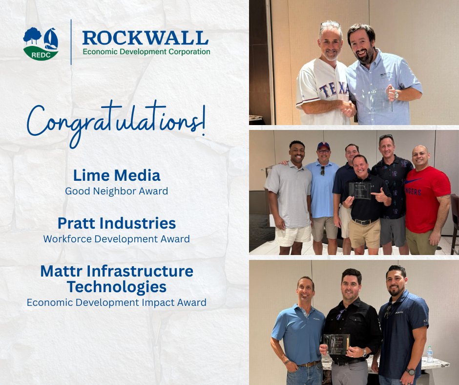 Recently, REDC President Phil Wagner presented awards to three of Rockwall’s primary employers honoring their exceptional work benefiting the Rockwall community. Congratulations to this year’s recipients, Lime Media, Pratt Industries, and Mattr Infrastructure Technologies.
