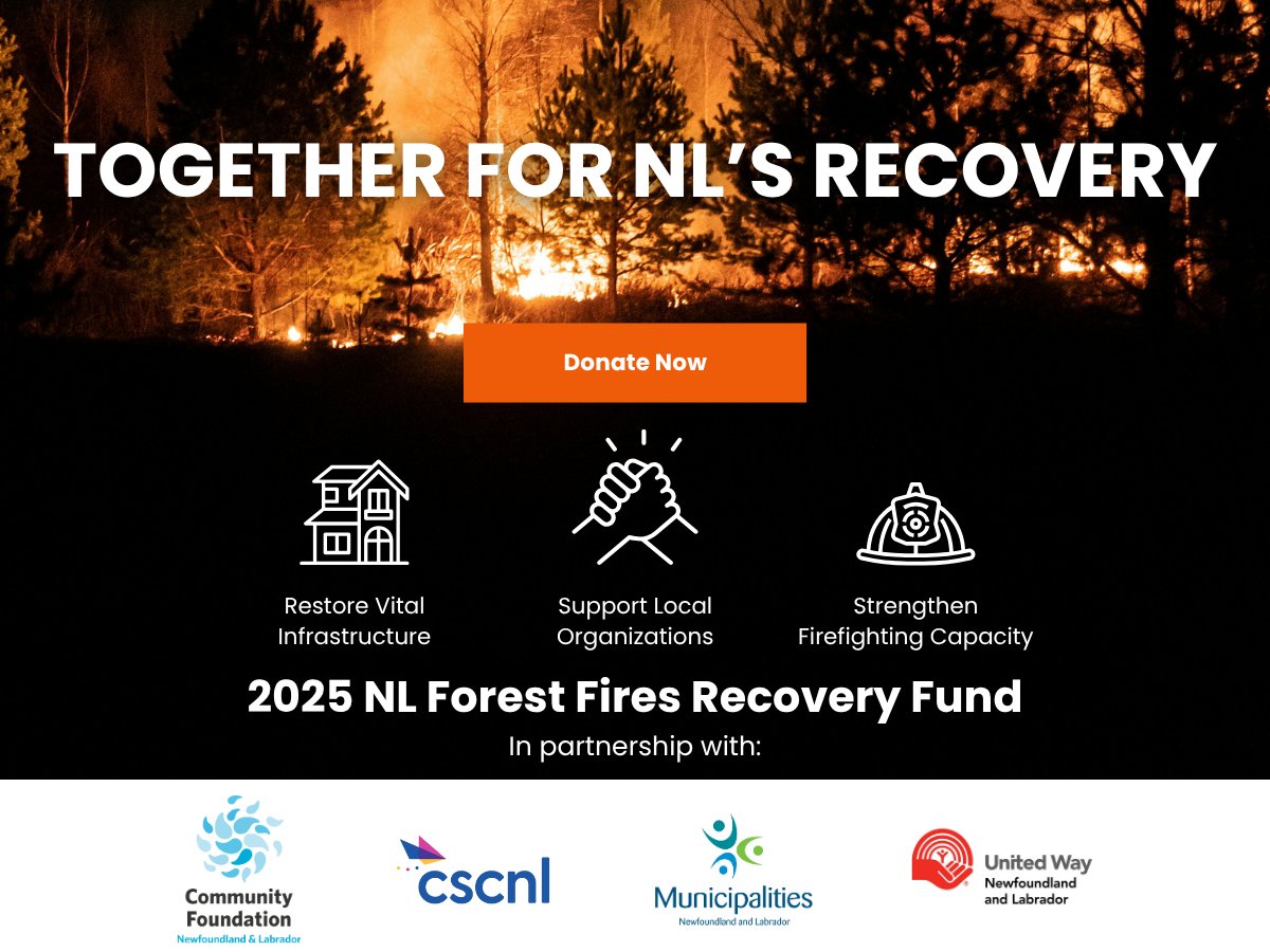 CSCNL's tweet image. 🔥 Wildfires have left a lasting impact on NL communities — but together, we can rebuild.

Your donation helps restore infrastructure, support local groups &amp;amp; strengthen firefighting capacity.

💛 Donate today: wildfirenl.ca

#WildFireNL #RebuildNL #NLStrong
