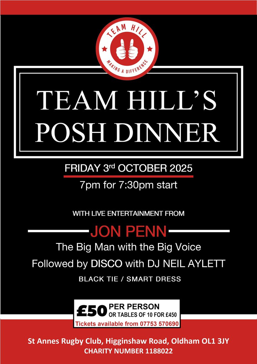 🌟A date for your diary!!🌟

Team Hill Charitable Trust’s Annual Posh Dinner with the fantastic The Jon Penn Show will be on Friday, 3rd October at St. Anne’s Rugby Club - raising money to support local good causes and international projects in Uganda!! 🌟🌟🌟