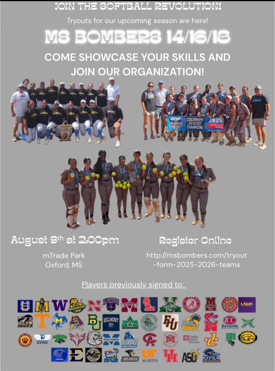 MS Bombers Fastpitch (@tknight11) on Twitter photo Last call for signups! Tryouts are tomorrow beginning at 2pm at Mtrade Park in Oxford,MS. These are tryouts for our 16u and 18u National Teams and our 16U Gold Team. Flyer and link to sign up below.
14U players email gfuller505@yahoo.com
16U and 18U tryout link - Last call for signups! Tryouts are tomorrow beginning at 2pm at Mtrade Park in Oxford,MS. These are tryouts for our 16u and 18u National Teams and our 16U Gold Team. Flyer and link to sign up below.
14U players email gfuller505@yahoo.com
16U and 18U tryout link -