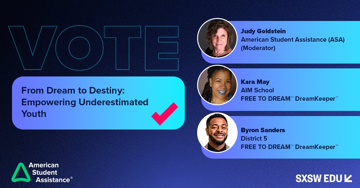 iamFREETODREAM (@iamfreetodream) on Twitter photo #SXSWEDU's #PanelPicker is open!
Vote for our workshop with <a href="/ASA_Impact/">American Student Assistance</a> , "From Dream to Destiny: Empowering Underestimated Youth" to learn how we can support and inspire young people who have been impacted by incarceration or systemic injustice: bit.ly/3HkzTlZ #SXSWEDU's #PanelPicker is open!
Vote for our workshop with <a href="/ASA_Impact/">American Student Assistance</a> , "From Dream to Destiny: Empowering Underestimated Youth" to learn how we can support and inspire young people who have been impacted by incarceration or systemic injustice: bit.ly/3HkzTlZ