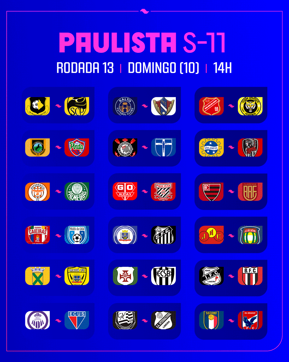 MAIS UMA RODADA DO SUB-11!
Todos os jogos vão rolar às 14h desse domingo!
#PaulistaSub11