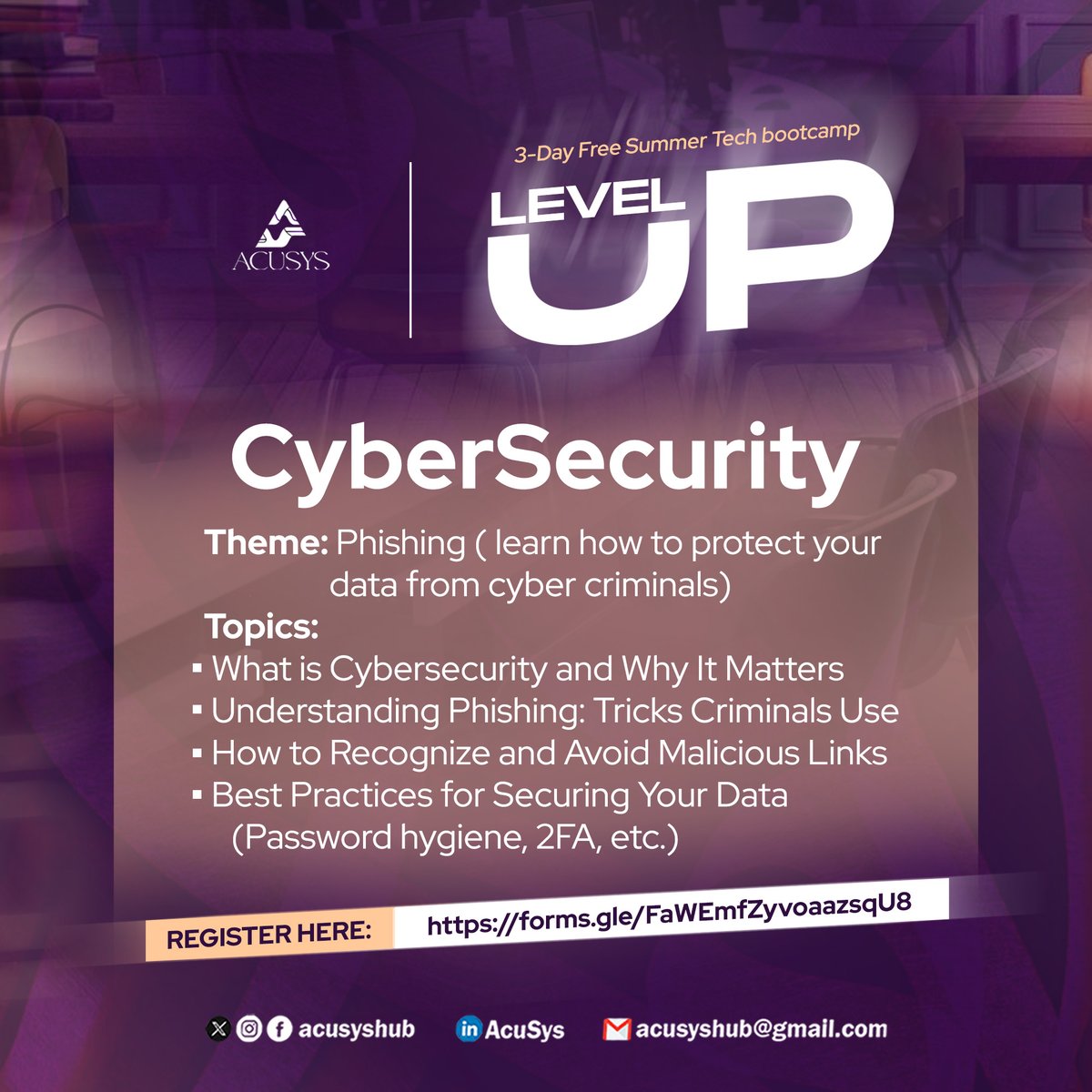 acusyshub's tweet photo. Be A Cybersecurity Pro! 🔒💻
At Acusys's FREE Summer Tech Boot Camp, you'll learn to protect systems, identify threats, and keep digital assets safe. Here is your chance to build in-demand tech skills to boost your career or enhance your expertise. https://t.co/QCbhET5qui