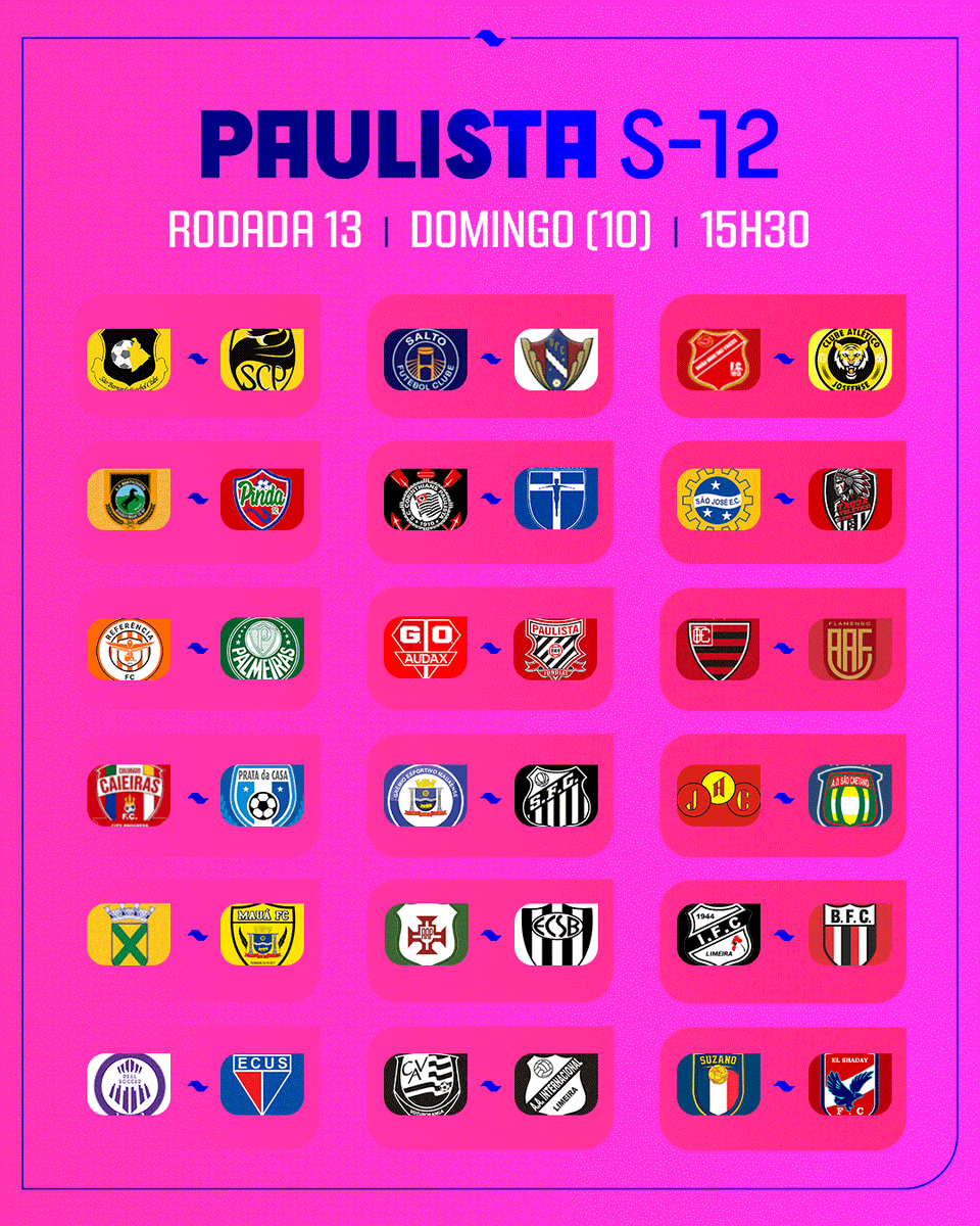 TARDE DE SUB-12!
Vem ver os jogos que vão rolar pela 13ª rodada!
#PaulistaSub12