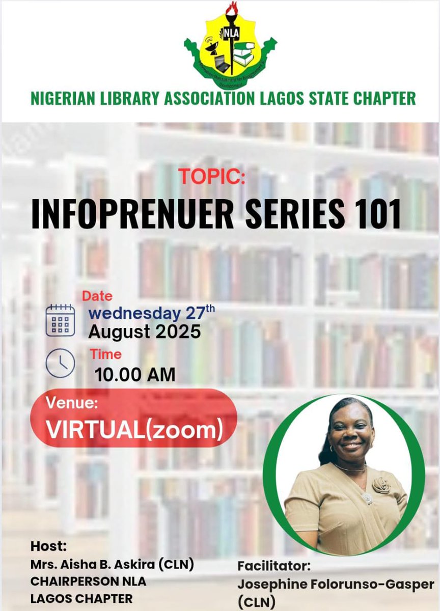 🌍 How Are We Coping in This Economy?
As librarians, what can we leverage to stay relevant and economically empowered?

📢 Don't miss this opportunity to explore the world of infopreneurship and discover how librarians can turn information into income!
