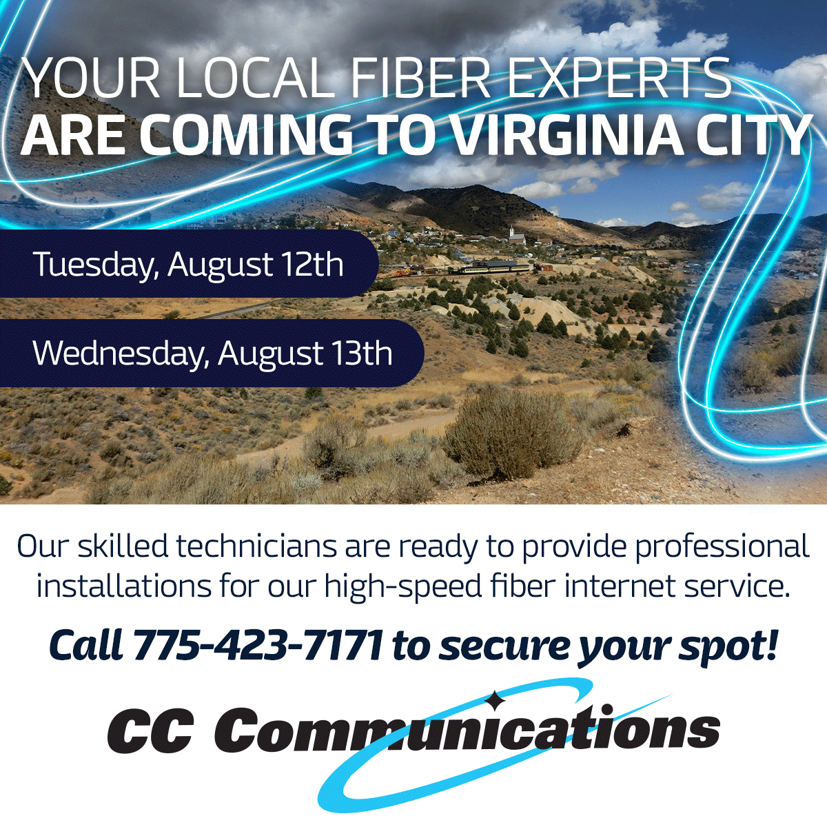 CCComm_Nevada's tweet image. 🚨 #VirginiaCity — We’re Bringing the Fiber to You! 🚨
#CCCommunications is heading your way on August 12 &amp;amp; 13 to install our high-speed #FiberInternet — powered by local service you can trust. 💪 
📞 Call us at 775-423-7171 to reserve your installation!
