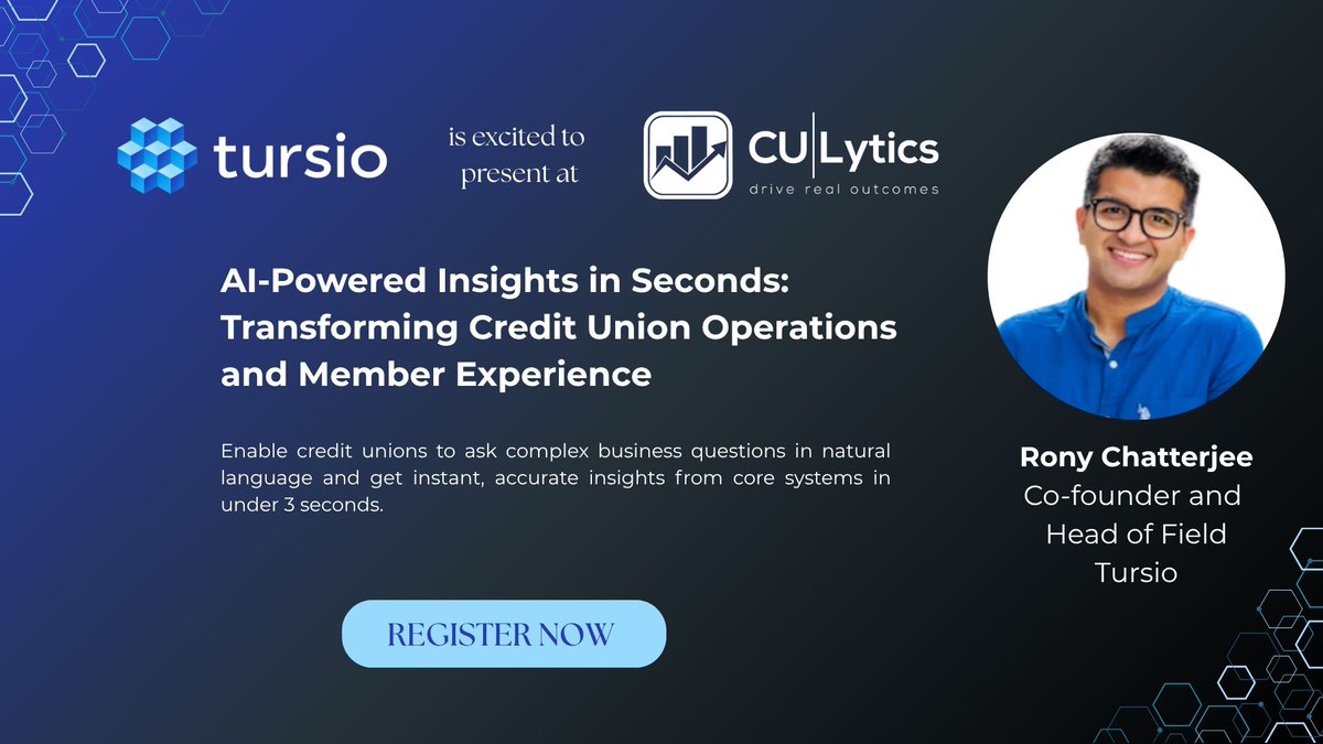 tursioai's tweet photo. No data movement. No delays. Just answers.

Join us on August 19th at #CULyticsDay2025 as we unveil how @tursioai provides precise, actionable insights for credit unions instantly.

Register here- https://t.co/9wDKkVwDwg

#CreditUnions #tursio #CULytics #GenAI #AIProductivity https://t.co/xpueab4hX9