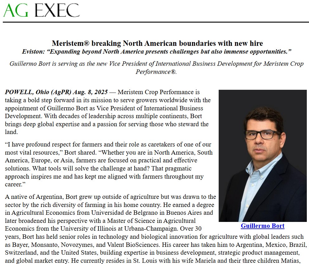 AgEXEC (@agexec) on Twitter photo Meristem® breaking North American boundaries with new hire Guillermo Bort. “Expanding beyond North America presents challenges but also immense opportunities," says CEO Mitch Eviston.
agnewscenter.com/archives.cfm?n… <a href="/MeristemAg/">Meristem Crop Performance</a> #biologicals #agtech #biostimulants #agleadership Meristem® breaking North American boundaries with new hire Guillermo Bort. “Expanding beyond North America presents challenges but also immense opportunities," says CEO Mitch Eviston.
agnewscenter.com/archives.cfm?n… <a href="/MeristemAg/">Meristem Crop Performance</a> #biologicals #agtech #biostimulants #agleadership