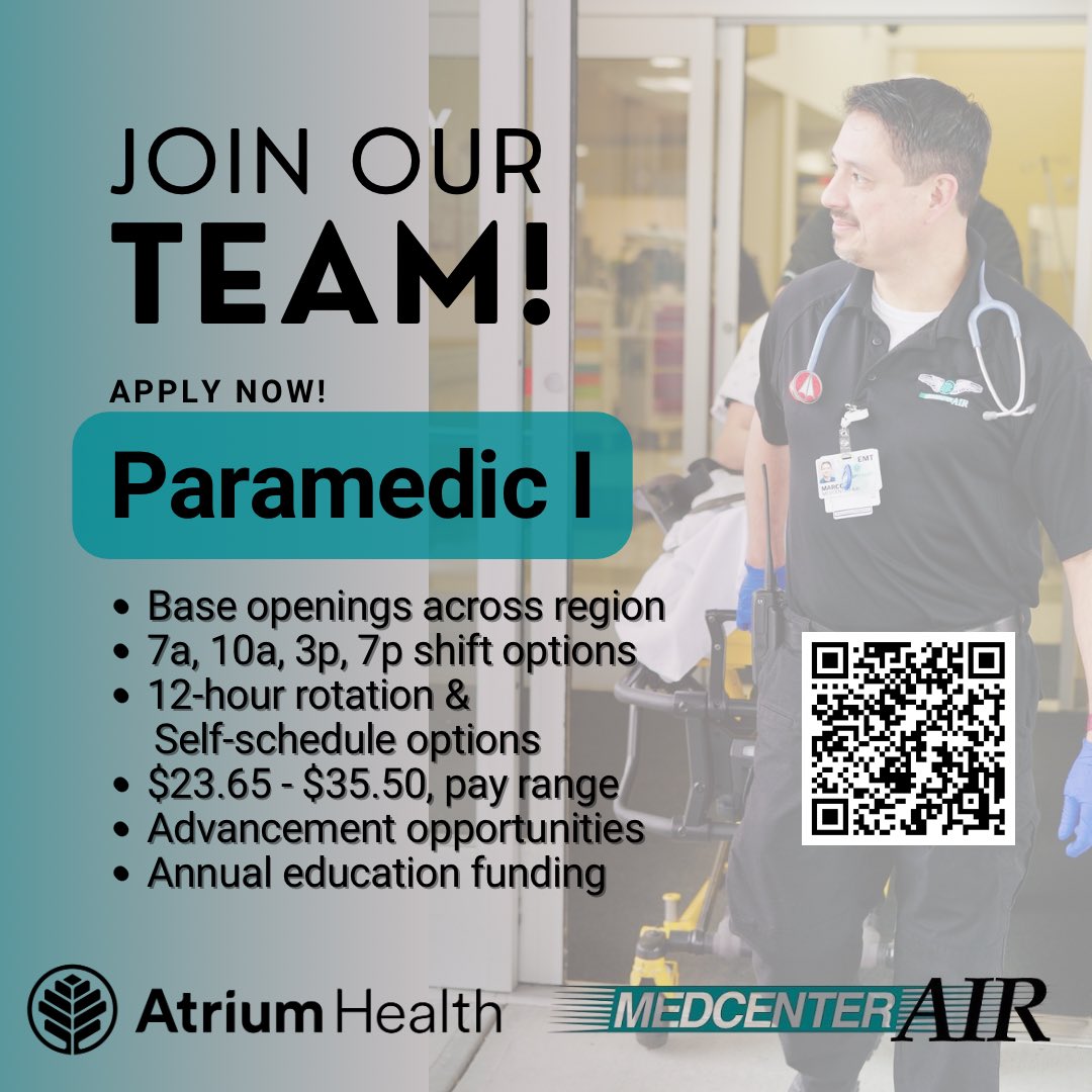 🚨 MedCenter Air is hiring Paramedic I roles across the region!
✅ Shift flexibility
✅ Pay: $23.65–$35.50
✅ Advancement &amp; education funding
Join a team driven by purpose. Scan the QR code &amp; apply today!
