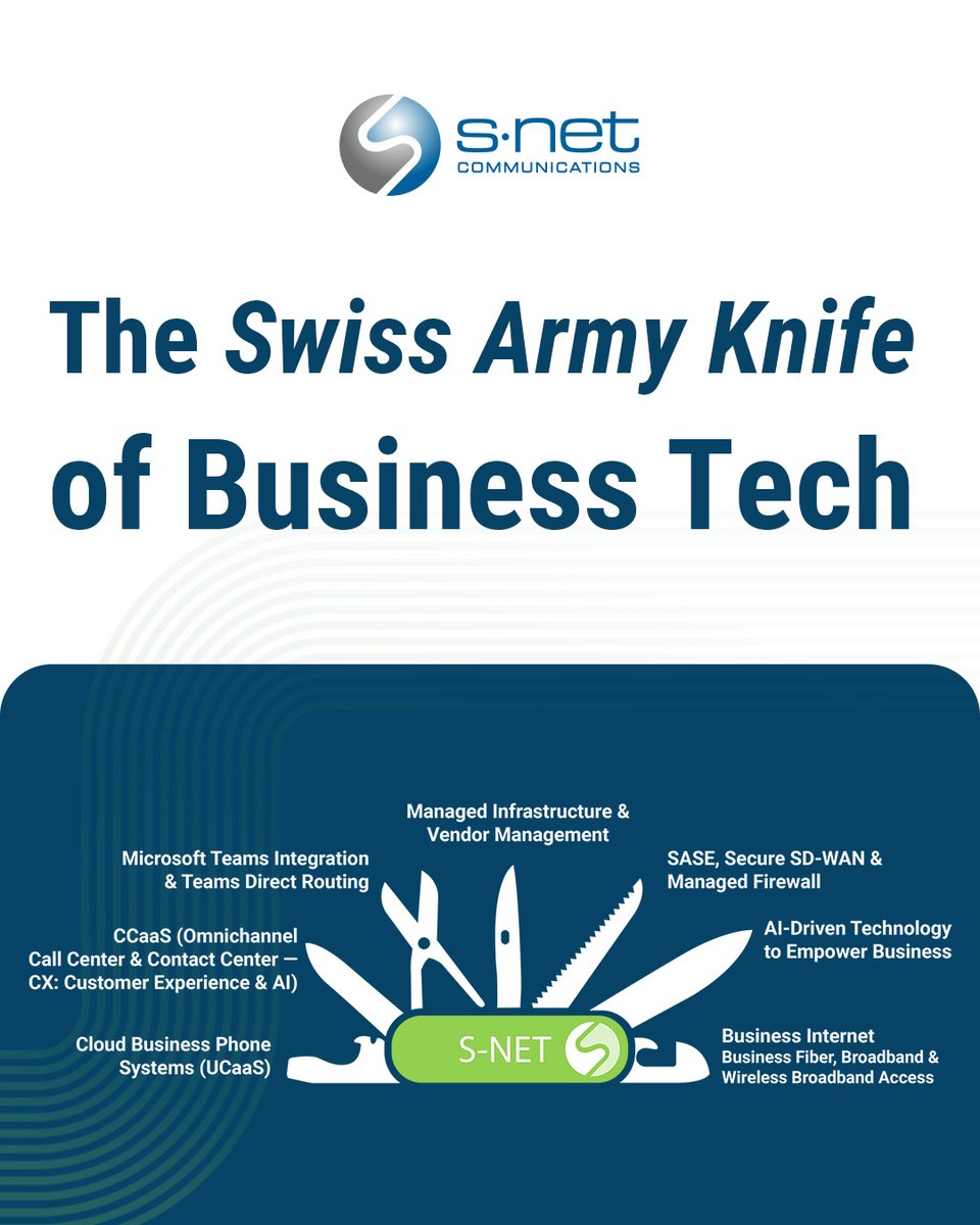 🔧 One provider. Every solution. 👉 snetconnect.com

S-NET is your Swiss Army Knife for business success, with fully managed communications, networking, and security that work together to eliminate inefficiencies and keep your team moving.

#ManagedServices #Cloud