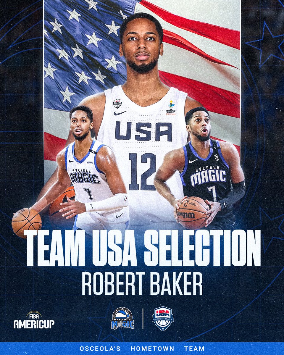 Osceola Magic (@osceolamagic) on Twitter photo OFFICIAL: Robert Baker has been selected to the <a href="/usabasketball/">USA Basketball</a> 2025 FIBA Men’s AmeriCup Team 🇺🇸
Baker appeared in 32 games (21 starts) for Osceola during the 2024-25 season, averaging 10.4 points, 5.4 rebounds, and 1.1 assists per game 📊
Congratulations, Rob! 👏 OFFICIAL: Robert Baker has been selected to the <a href="/usabasketball/">USA Basketball</a> 2025 FIBA Men’s AmeriCup Team 🇺🇸
Baker appeared in 32 games (21 starts) for Osceola during the 2024-25 season, averaging 10.4 points, 5.4 rebounds, and 1.1 assists per game 📊
Congratulations, Rob! 👏
