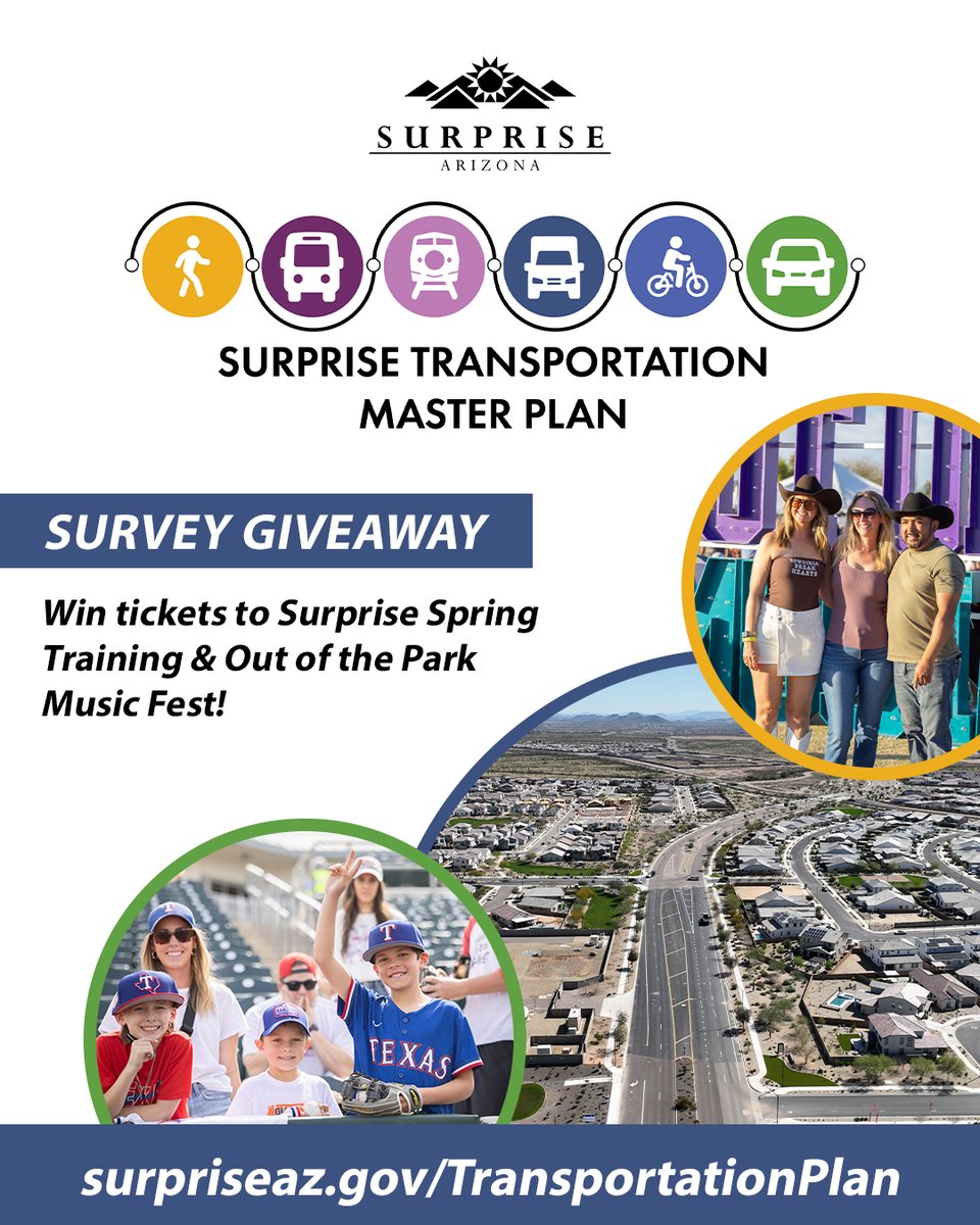 There are just FIVE days left to take the Surprise Transportation Master Plan Survey!

🎫Complete the survey by August 13 for a chance to score 4 Lower Dugout tickets to a 2026 Surprise Spring Training game + 4 tickets to the 2026 Out of the Park Music Fest! 🎶 

👉 SURVEY: