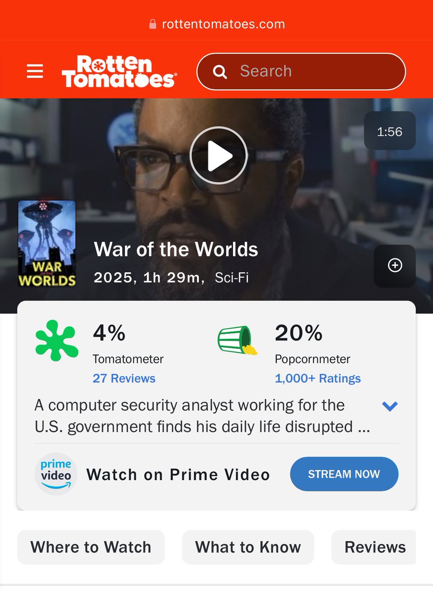 The ‘WAR OF THE WORLDS’ Rotten Tomatoes score has managed to rise to 4%