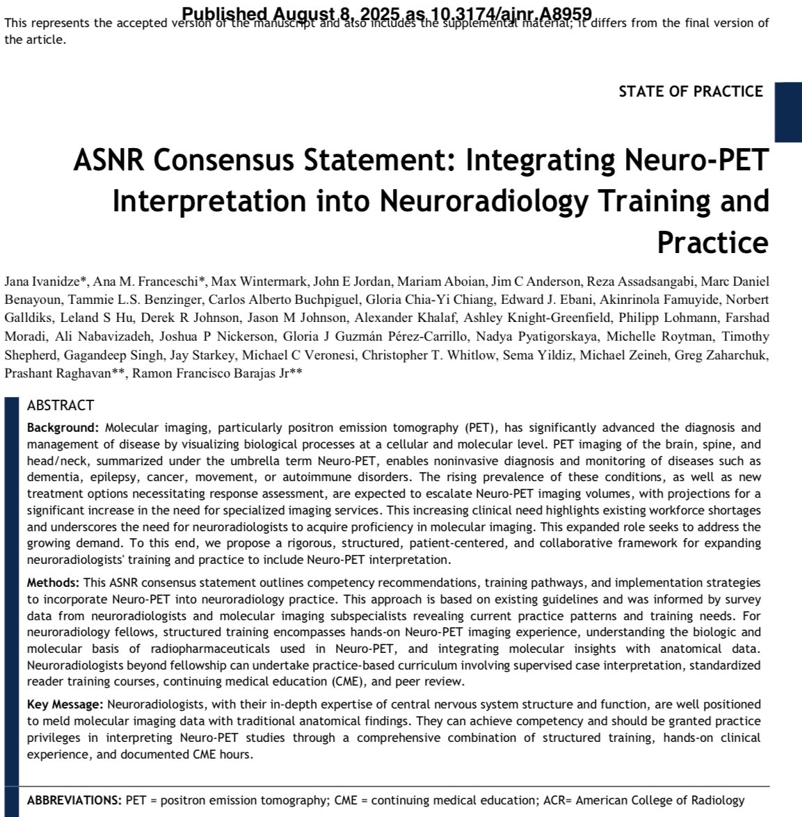 Jana Ivanidze (@jana_ivanidze) on Twitter photo Our #NeuroPET consensus statement is now out in <a href="/TheAJNR/">AJNR</a>! 🎉
Amazing collaboration across disciplines and continents. Thanks to our entire team, especially <a href="/LabBarajas/">Barajas Lab</a> 💪 and to
<a href="/TheASNR/">The American Society of Neuroradiology</a> leadership for their support.
ajnr.org/content/early/…
<a href="/WCMRadiology/">Weill Cornell Medicine Radiology</a> <a href="/OHSUKnight/">OHSU Knight Cancer Institute</a> Our #NeuroPET consensus statement is now out in <a href="/TheAJNR/">AJNR</a>! 🎉
Amazing collaboration across disciplines and continents. Thanks to our entire team, especially <a href="/LabBarajas/">Barajas Lab</a> 💪 and to
<a href="/TheASNR/">The American Society of Neuroradiology</a> leadership for their support.
ajnr.org/content/early/…
<a href="/WCMRadiology/">Weill Cornell Medicine Radiology</a> <a href="/OHSUKnight/">OHSU Knight Cancer Institute</a>