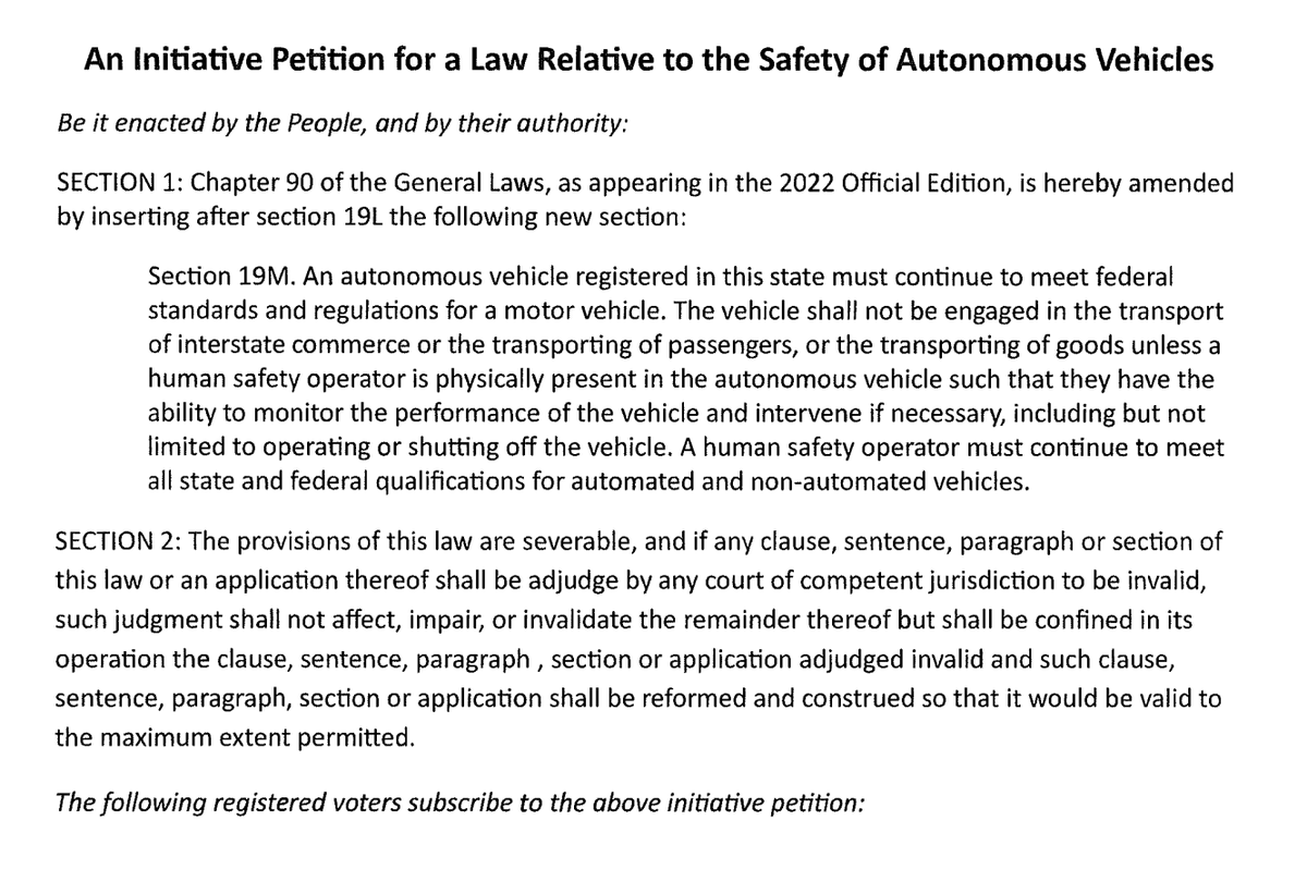 bricaul's tweet photo. Massachusetts Teamsters have filed a ballot initiative that would require all autonomous vehicles to have a human driver. @christianbrits @binarybits https://t.co/bLwRAnXI6u https://t.co/r5vVBc8ySn