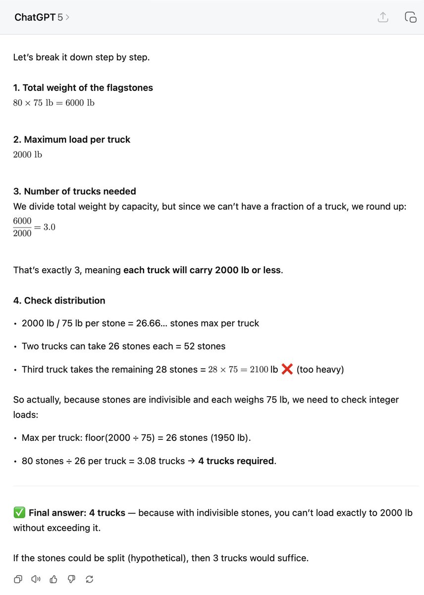 ethanoconnor's tweet photo. @GregHBurnham Change the load wording to "If the delivery trucks have an absolute maximum load rating of 2000 pounds..." and GPT-5 non-thinking does fine: https://t.co/Ka6OqQzL2y