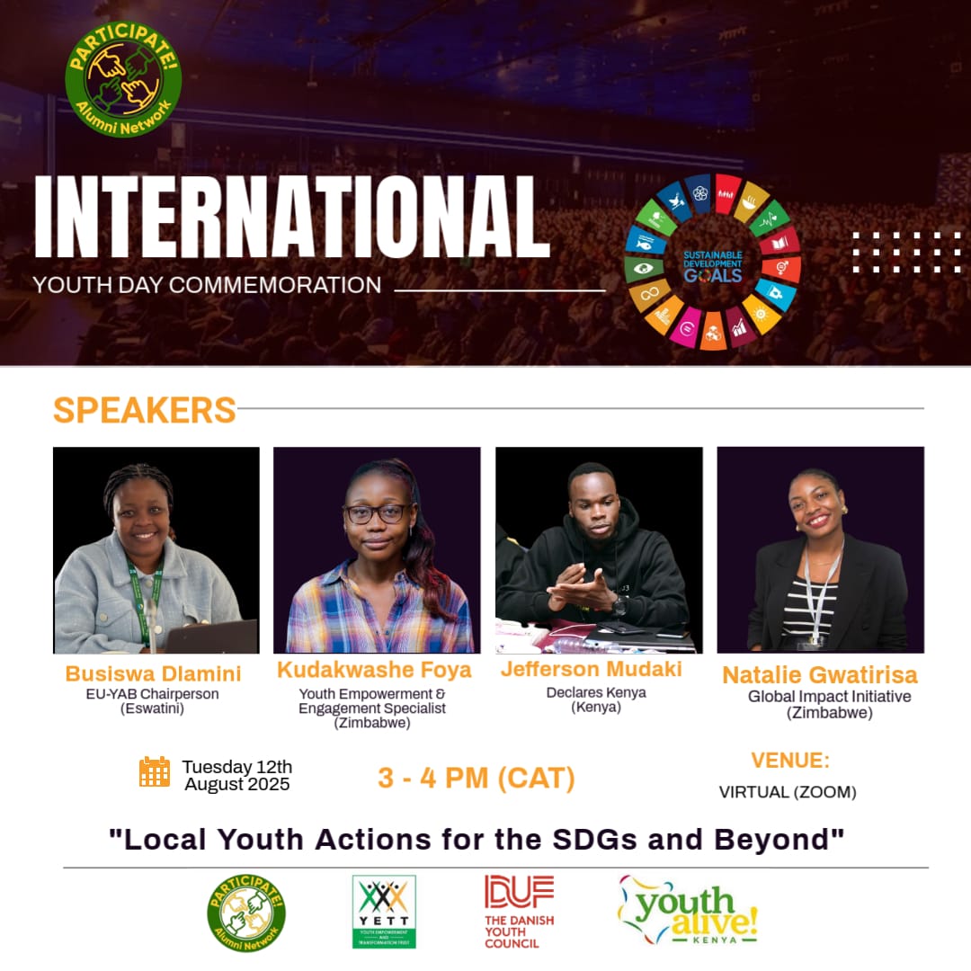 Declares Kenya (@declareskenya) on Twitter photo Join our Director <a href="/Thatguyjeffar/">ThatGuyJeffar HSC</a> this #IYD on August 12, 2025, at 1500 CAT for an inspiring event hosted by the PARTICIPATE! Alumni Network with support from <a href="/YetTrust/">#Youth4SDGs</a> , <a href="/YouthAliveKenya/">Youth Alive! Kenya</a> & <a href="/danskungdom/">DUF - Dansk Ungdoms Fรฆllesrรฅd</a> Together with dynamic youth leaders from #zimbabwe , #kenya , #eswatini Join our Director <a href="/Thatguyjeffar/">ThatGuyJeffar HSC</a> this #IYD on August 12, 2025, at 1500 CAT for an inspiring event hosted by the PARTICIPATE! Alumni Network with support from <a href="/YetTrust/">#Youth4SDGs</a> , <a href="/YouthAliveKenya/">Youth Alive! Kenya</a> & <a href="/danskungdom/">DUF - Dansk Ungdoms Fรฆllesrรฅd</a> Together with dynamic youth leaders from #zimbabwe , #kenya , #eswatini