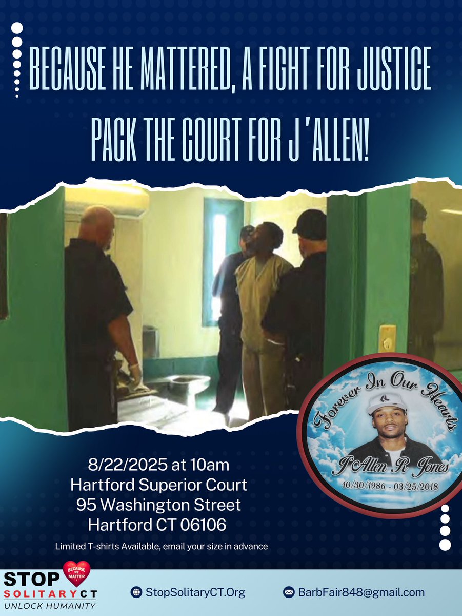 stopsolitaryct's tweet image. Join us in solidarity as we call for justice for J’Allen on 8/22. 

#WeWillNotForget