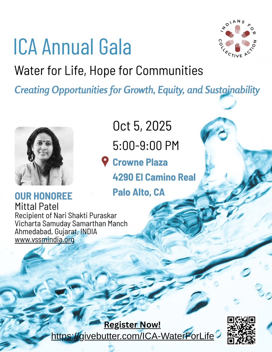 Join us on Oct 5, 2025 at Crowne Plaza, Palo Alto for ICA's Annual Event 2025.

Honoring Mittal Patel – Recipient of the Nari Shakti Puraskar &amp; Founder of VSSM.

An evening of inspiration, impact &amp; community!

🔗 givebutter.com/ICA-WaterForLi…

#ICA2025 #AnnualEvent