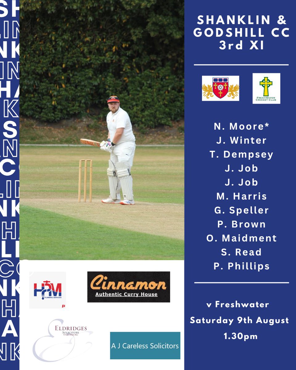 Shanklin & Godshill Cricket Club (@shankgodshillcc) on Twitter photo Teams for tomorrow! The 1st XI have another big game against <a href="/BM_CC/">Bedhampton Mariners CC 🏆</a>. The 3s travel to Freshwater. Go well all!
Pavilion and bar open all day. Teams for tomorrow! The 1st XI have another big game against <a href="/BM_CC/">Bedhampton Mariners CC 🏆</a>. The 3s travel to Freshwater. Go well all!
Pavilion and bar open all day.