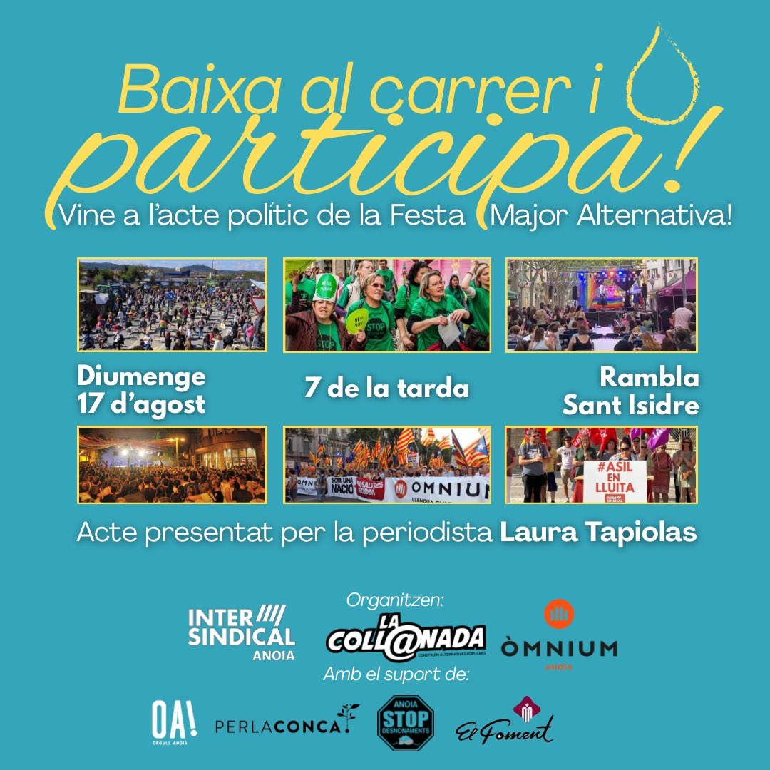 La Coll@nada (@lacollanada) on Twitter photo 📢 Baixa al carrer i participa!
El diumenge 17 d’agost a les 19:30 h, vine a la Rambla Sant Isidre a l’acte polític de la Festa Major Alternativa!
🎙️ Presenta: <a href="/lauratapiolas/">Laura Tapiolas</a> , periodista
💬 Amb la participació de col·lectius en lluita de la ciutat 📢 Baixa al carrer i participa!
El diumenge 17 d’agost a les 19:30 h, vine a la Rambla Sant Isidre a l’acte polític de la Festa Major Alternativa!
🎙️ Presenta: <a href="/lauratapiolas/">Laura Tapiolas</a> , periodista
💬 Amb la participació de col·lectius en lluita de la ciutat