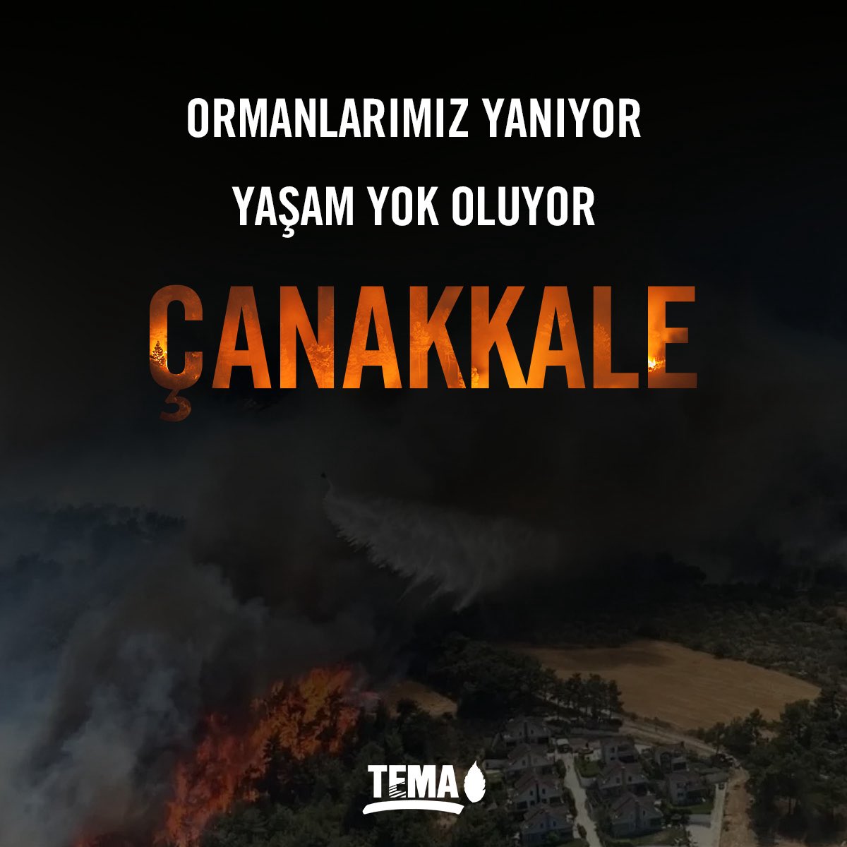 temavakfi's tweet photo. Bugün Çanakkale’de çıkan yangınlar, rüzgârın etkisiyle hızla yayıldı. Yerleşim yerlerine yaklaşan alevler nedeniyle bazı yerlerde tahliyeler gerçekleştirildi.

Yanan sadece ağaçlar değil;
Evler, yuvalar, hayatlar… Geleceğimiz.

Yangından etkilenen tüm bölgelere geçmiş olsun dileklerimizi iletiyoruz. Kaybettiğimiz tüm canlılar için çok üzgünüz.

Orman yangını ile mücadele sırasında canla başla çalışan Orman Genel Müdürlüğü çalışanlarına ve tüm emeği geçenlere minnettarız. @OGMgovtr
