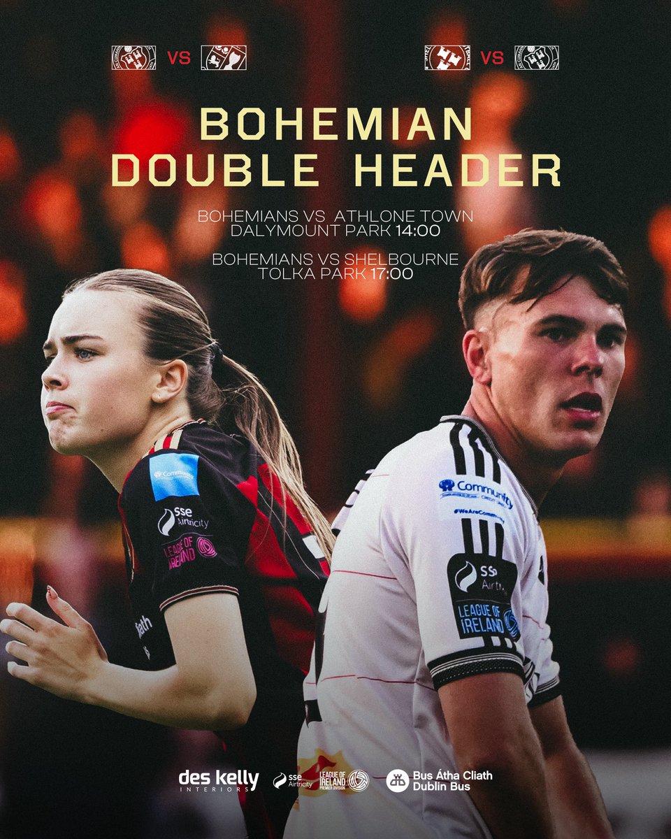 bfcdublin's tweet photo. 🔴 𝗨𝗣 𝗡𝗘𝗫𝗧 ⚫️

A huge Saturday lies in wait for Bohemians. Our Women’s team kick off proceedings as they host Athlone Town at 2pm. Then it’s a short trip to Tolka Park, as our Men’s team faces Shelbourne at 5pm. 

Women’s:
🎟️ Tickets available online and on the turnstiles
🆓 Free entry for those with tickets to the men’s game 
⚽️ Kickoff 2pm
🍻 Bars open and food available, all pints €5
📺 Watch live on LOITV

Men’s:
🎟️ Sold out
📺 Watch live on LOITV
🍻 Shown live in our Member’s Bar