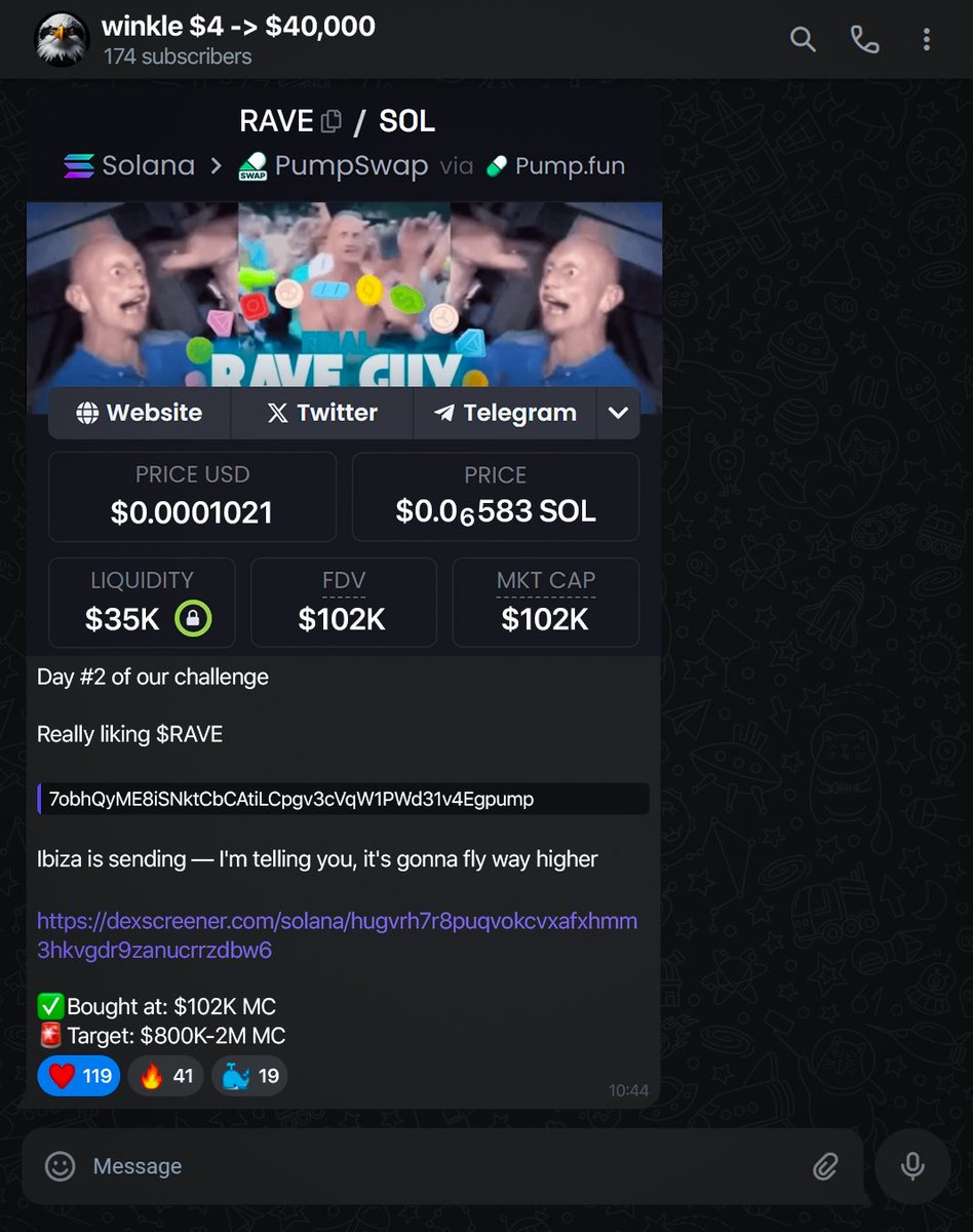 w1nklerr's tweet image. Day #2 of the $4 - $40,000 Challenge
Today we caught #RAVE
Sold at $1.8M MC - 17x
Current balance: $2,211
Already 174/350 people in the group
If you want to join us:
Like & retweet this post
Comment "Bullish"
Must be following
Only my followers will be accepted.