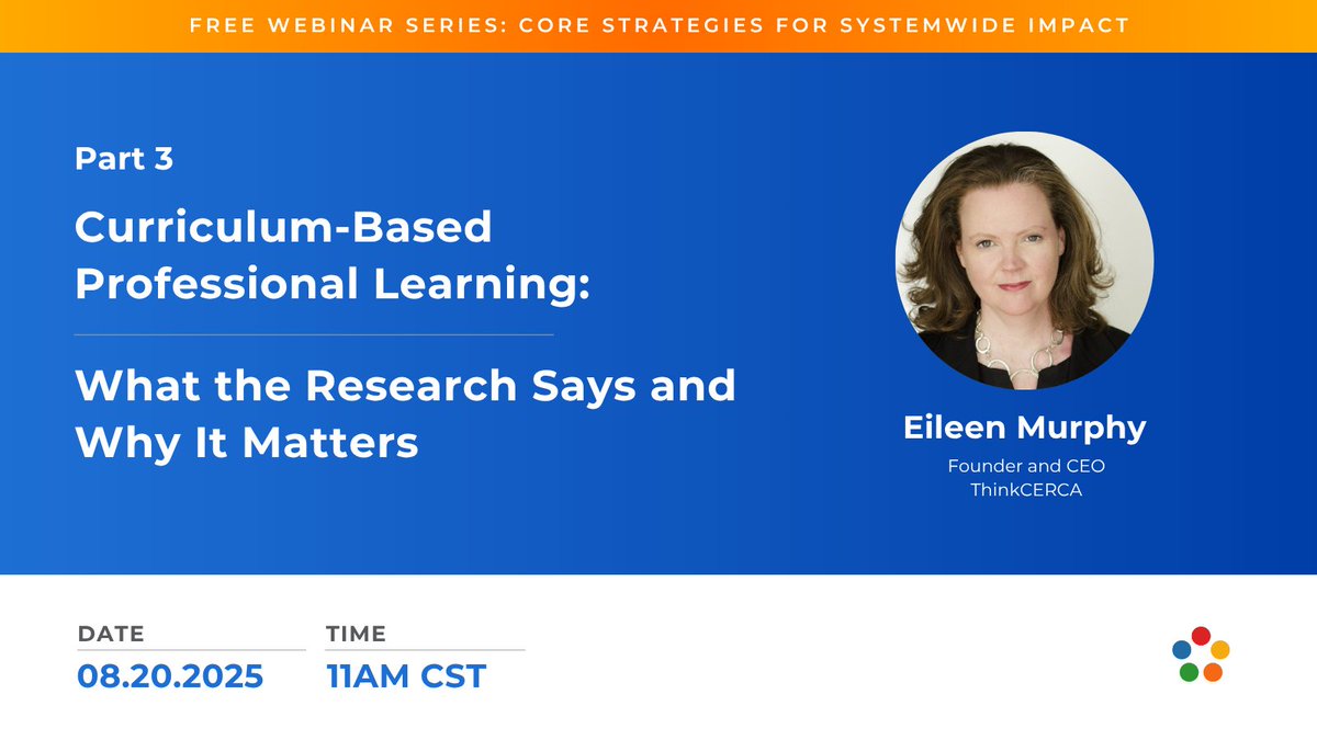 Discover why curriculum-based professional learning drives real results! Join us August 20 at 11:00 AM CST for Part 3 of our series—unpacking the research and what makes this PD model stand out. How do you personalize PD in your district? Register now: bit.ly/3GWdPyc