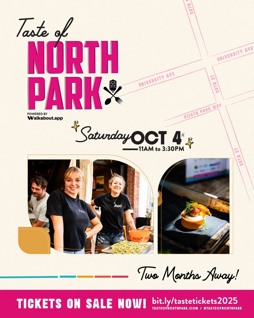 Taste of North Park is back Oct 4 at 11 AM! 🍴🍻

New this year: Shareable Ticket — 1 Taste ticket + 2 cups!

Early Bird pricing ends Aug 15:
Food + Sip $55 | Food Only $40 | Shareable $75

Get tickets now → bit.ly/tastetickets20…

#TasteOfNorthPark #NorthParkSD